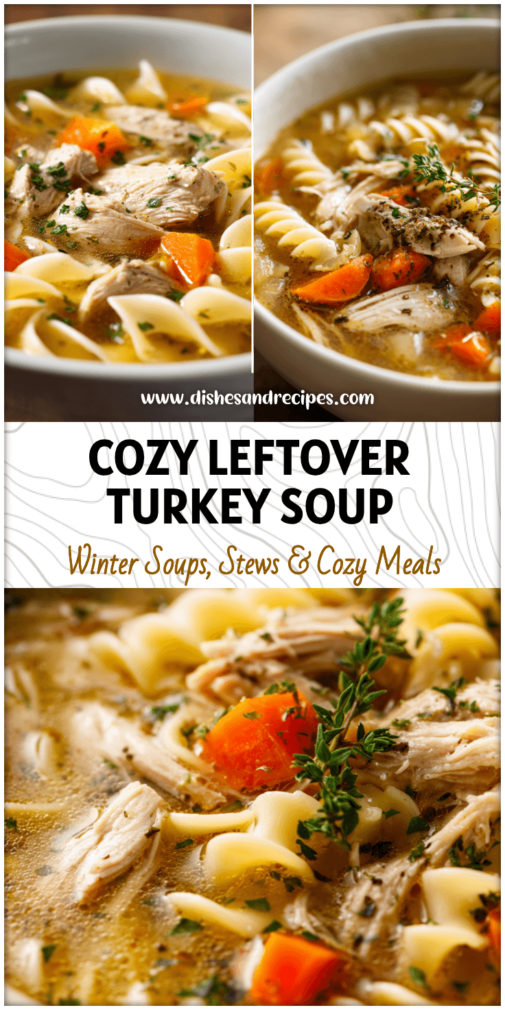 Bowl of homemade leftover turkey noodle soup with vegetables and herbs, a cozy Thanksgiving Turkey Soup.